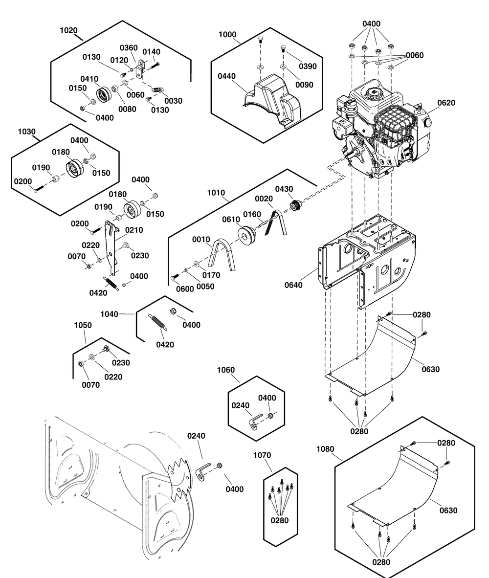 Engine And Frame Group Diagram and Parts List for 1697184-00-1027LD 2019 Briggs and Stratton Snow Blower